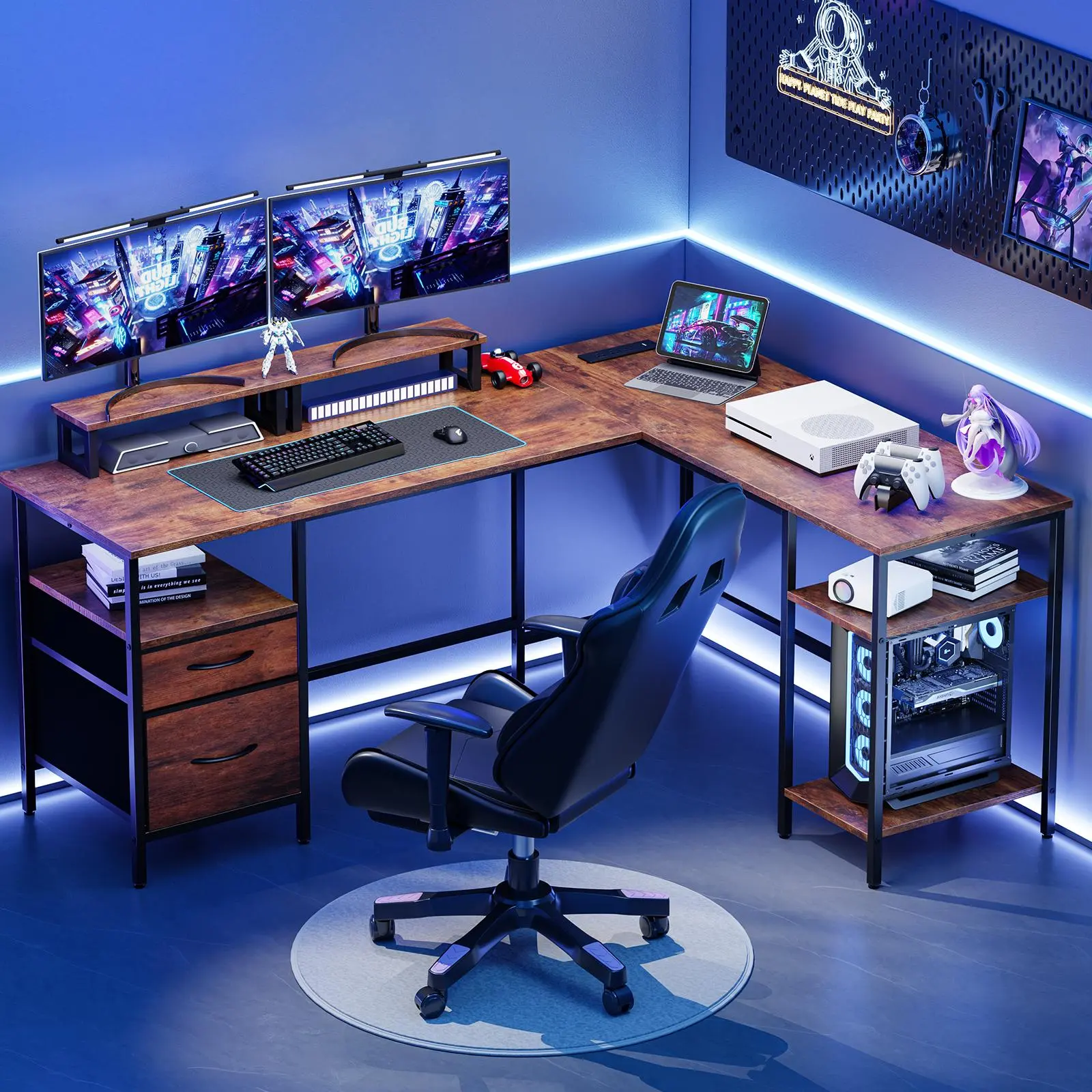 L Shaped Gaming Desk with Charging Station & 2 Monitor Stands, Computer Desk with Drawer & Adjustable Storage Shelves, Large Corner Desk for Home Office, 62 Inch Rust Wood