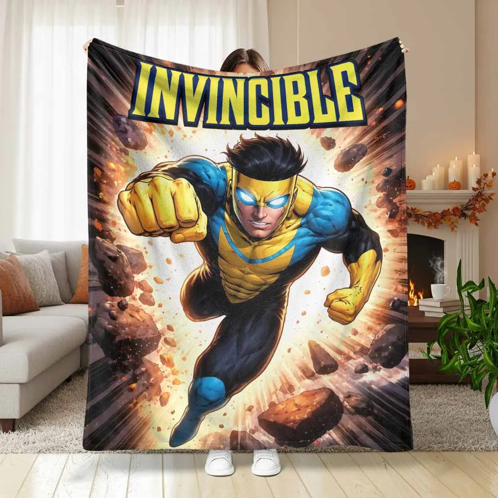 Invincible Superhero Flannel Blanket Dynamic Comic Action Print Design Soft Plush Cozy Texture Fade Resistant Perfect for Bedroom Living Room Office Movie Night Lounge Holiday Gift Home Decor