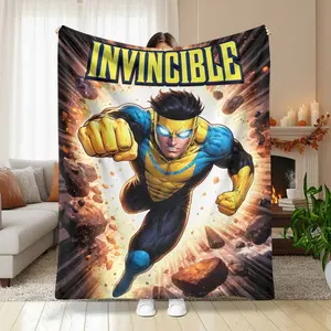 Invincible Superhero Flannel Blanket Dynamic Comic Action Print Design Soft Plush Cozy Texture Fade Resistant Perfect for Bedroom Living Room Office Movie Night Lounge Holiday Gift Home Decor