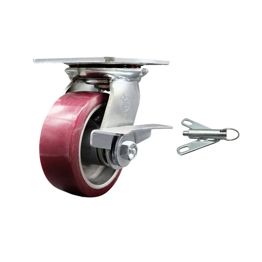 Service Caster SCC-35S520-PAR-SLB-BSL Heavy Duty Alloy Castors with Large Plate Mount, 5x2 in. Maroon Polyurethane-on-Aluminium Wheel, Side Lock Brake, Bolt-on Swivel Lock - 900 lbs Capacity, 7.5" h x 12" w x 12" l for Commercial Equipment, Industrial Use