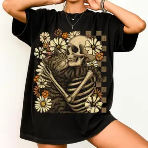 Funny Skeleton Hugging Cat Tshirt, Boho Floral Fall Tee, Halloween Spooky Cat Shirt, Trending Graphic Tee