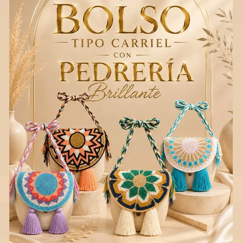 Wayuu Large Carriel Bag with Cristals Authentic Elegant & Boho 11 in (L) × 11 in (H) × 4 in (W) Artisan