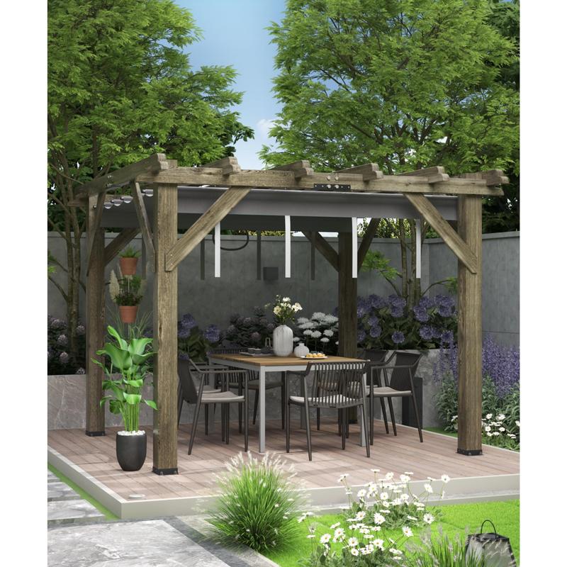 GARVEE 10X10FT Outdoor Wood Pergola with Retractable Shade Canopy, Water-Resistant Charcoal Gray Gazebo for Backyards, Gardens, Patios, and Decks