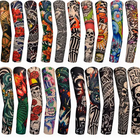 20-Pack Tattoo Arm Covers - Fake Tattoos, 92% Nylon 8% Spandex Soft Stretch UV Protection Fabric Sports Sleeves & Support, One Size for Men, Ideal for Concerts