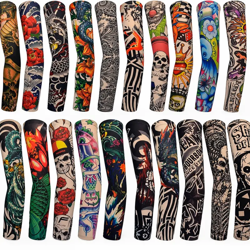 20-Pack Tattoo Arm Covers - Fake Tattoos, 92% Nylon 8% Spandex Soft Stretch UV Protection Fabric Sports Sleeves & Support, One Size for Men, Ideal for Concerts