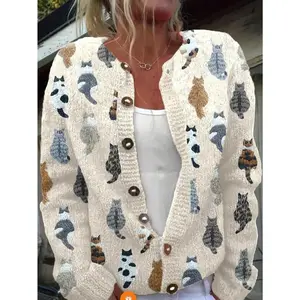Women's Casual Lightweight Long-Sleeve Open-Front Cardigan Sweater with Buttons, All-Over Cat Print