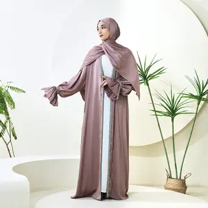 Poet Sleeve Satin Open Abaya 4-Piece Set with Belt & Hijab (NCS007)