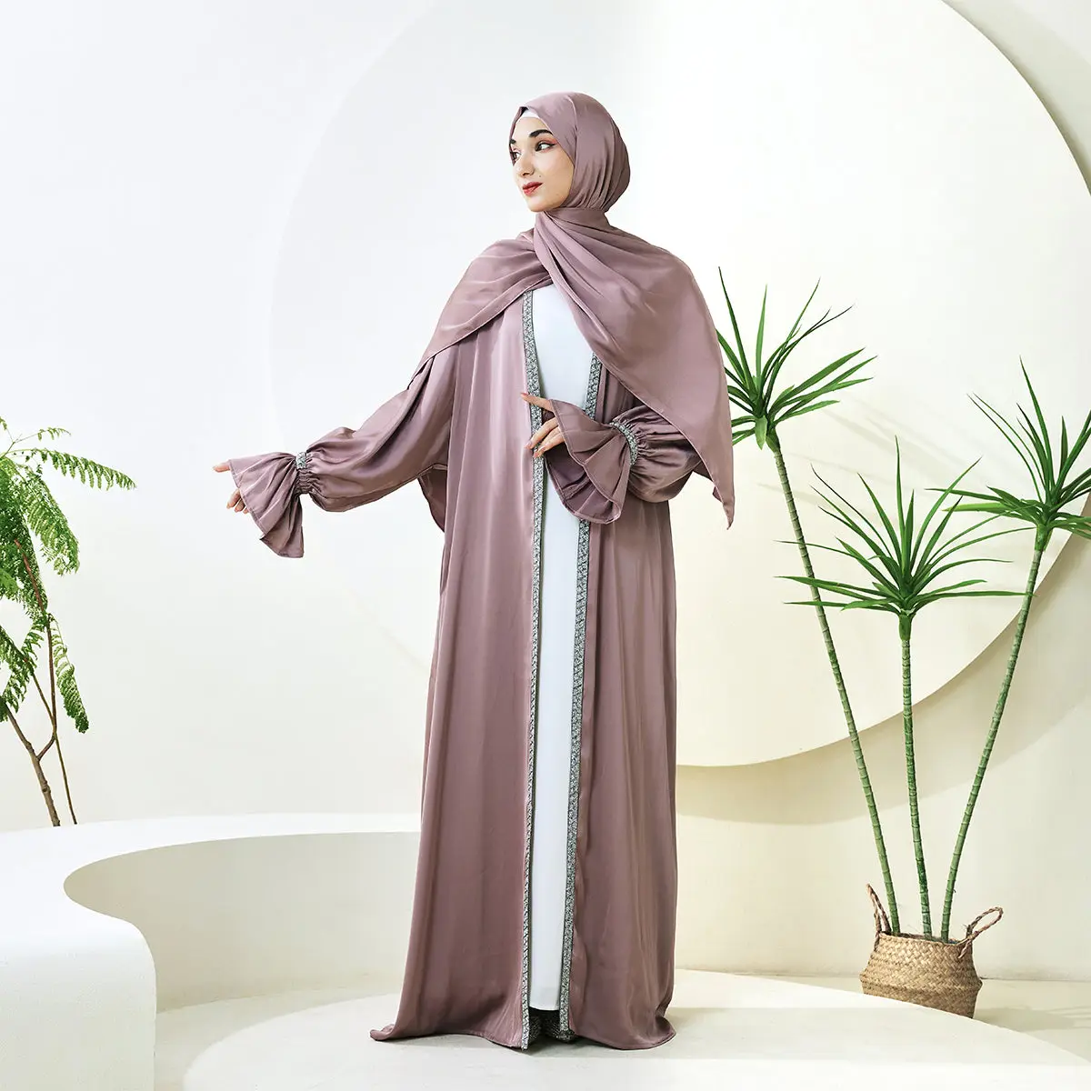Poet Sleeve Satin Open Abaya 4-Piece Set with Belt & Hijab (NCS007)