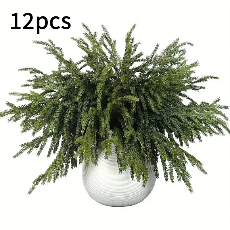 12 Artificial Norfolk Pine Branches, 18 Inch Long Dense Plastic Christmas Leaves, No Maintenance, Indoor Outdoor Decor, Wreaths, Centerpieces, Faux Plant, Evergreen Faux Plants, Decorative Artificial Plants
