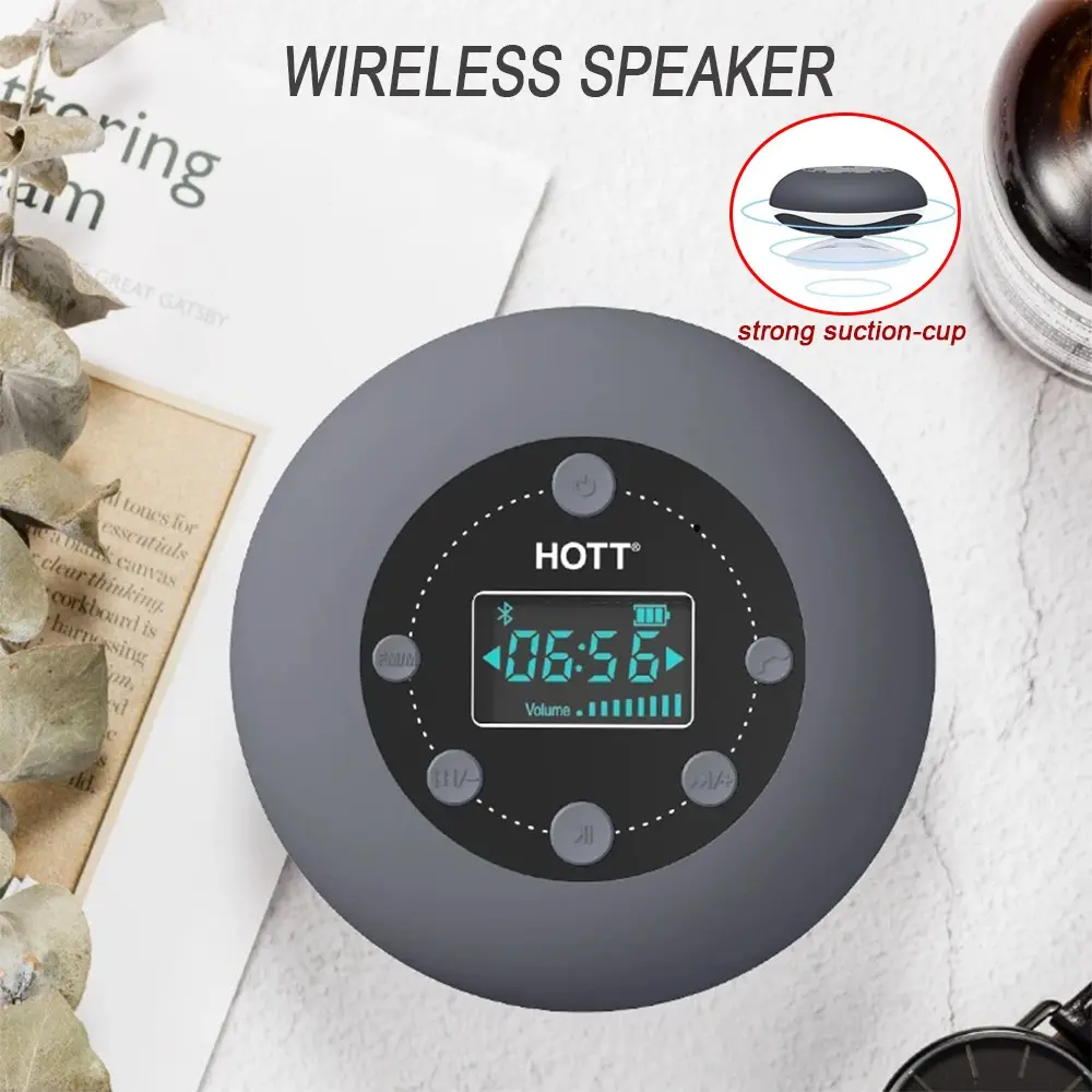 HOTT Bluetooth Speaker with Strong Suction-cup Microphone, FM Radio, Clock Display, Micro SD Card Slot, IPX4 Waterproof Shower Speaker, USB Rechargable, 10 Hours Playtime, Portable Speaker, Rechargeable Portable Audio