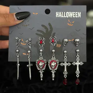 KunJoe 6 Pairs Gothic Skull Jesus Cross Pendant Earrings for Women Retro Horror Bat Spider Earrings Set Halloween Jewelry Gifts