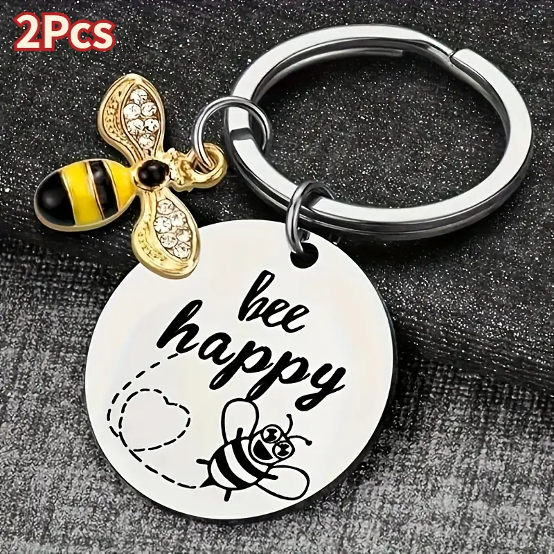 Women's Durable Stainless Steel Bee Motif Keychain Multipack - 2Pcs Inspirational Fashion Accessory for Friends - Anniversary Gift to Spread Positivity