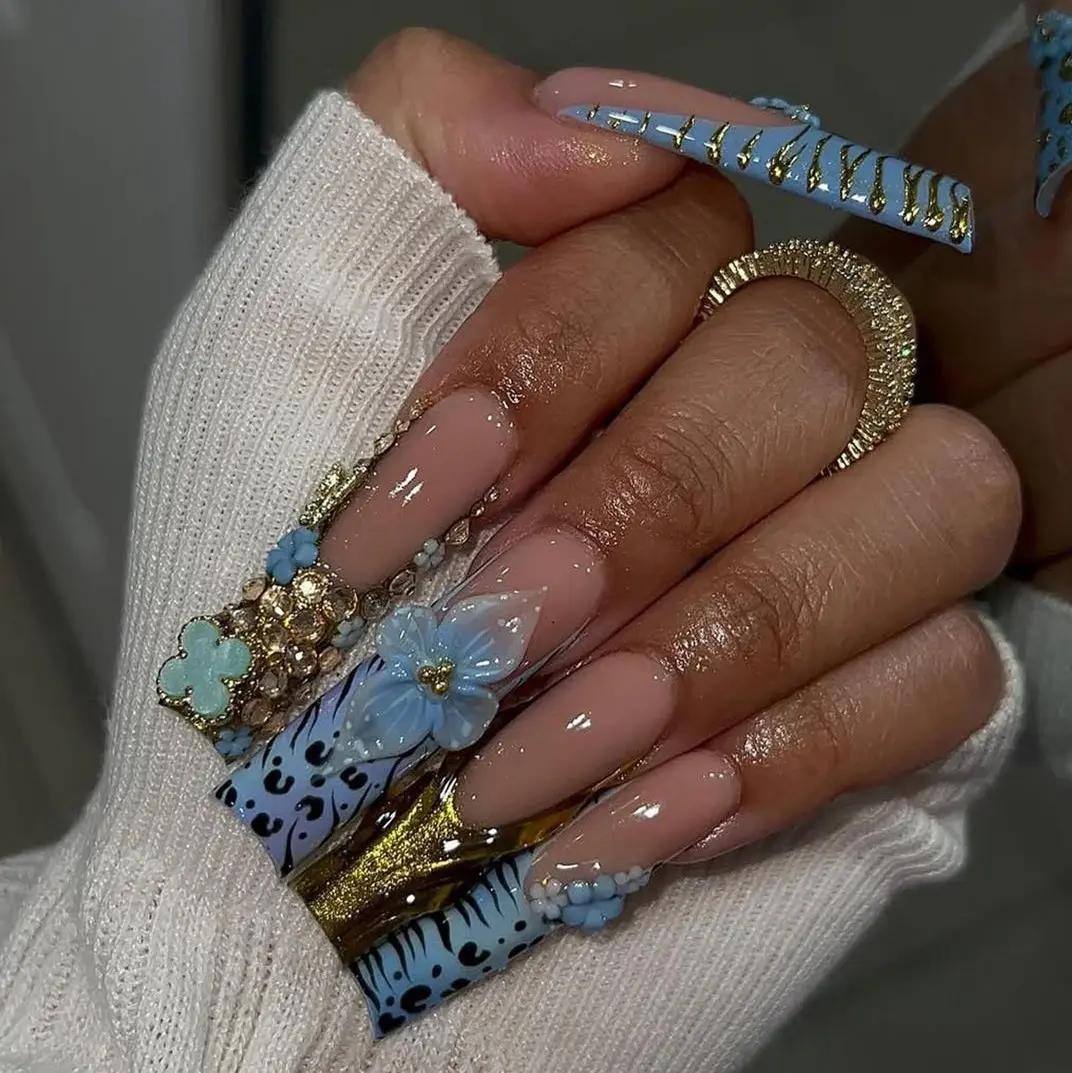 3D Baby Blue Press On Nails | Rhinestone & Flower Nail Art | Trendy Y2K Press Ons | Handmade Glam Press Ons | Luxury Y2K Nails