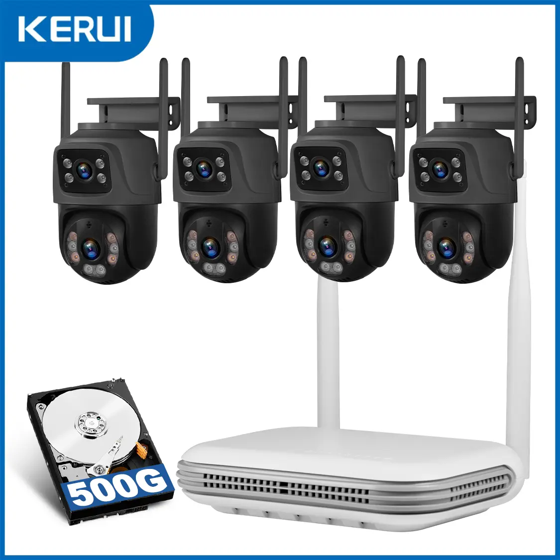 KERUI Home Security 6MP WIFI Camera System,4pcs Cameras-Surveillance Cameras 8CH NVR, Dual-Lens PTZ Auto Tracking, With 500GB Hard Drive, Siren & Spotlight Alarm, 24/7 Recording, Free iCSee App Remote View, Surveillance Camera