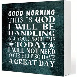 Inspirational Christian Wooden Box Sign Desk Decor, Good Morning This is God I Will Be Wood Block Sign, Religious Scripture Plaques Desk Decorations for Women Men 5x5 inch