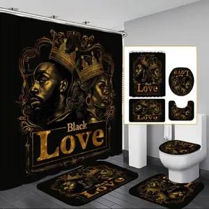 4pcs King & Queen Print Shower Curtain Set, Modern Bathroom Decorative