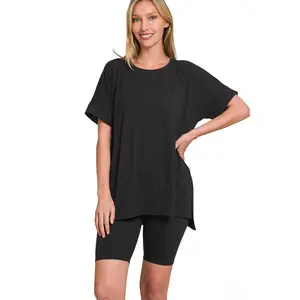 Zenana Brushed Microfiber Round Neck Top and Biker Shorts Set