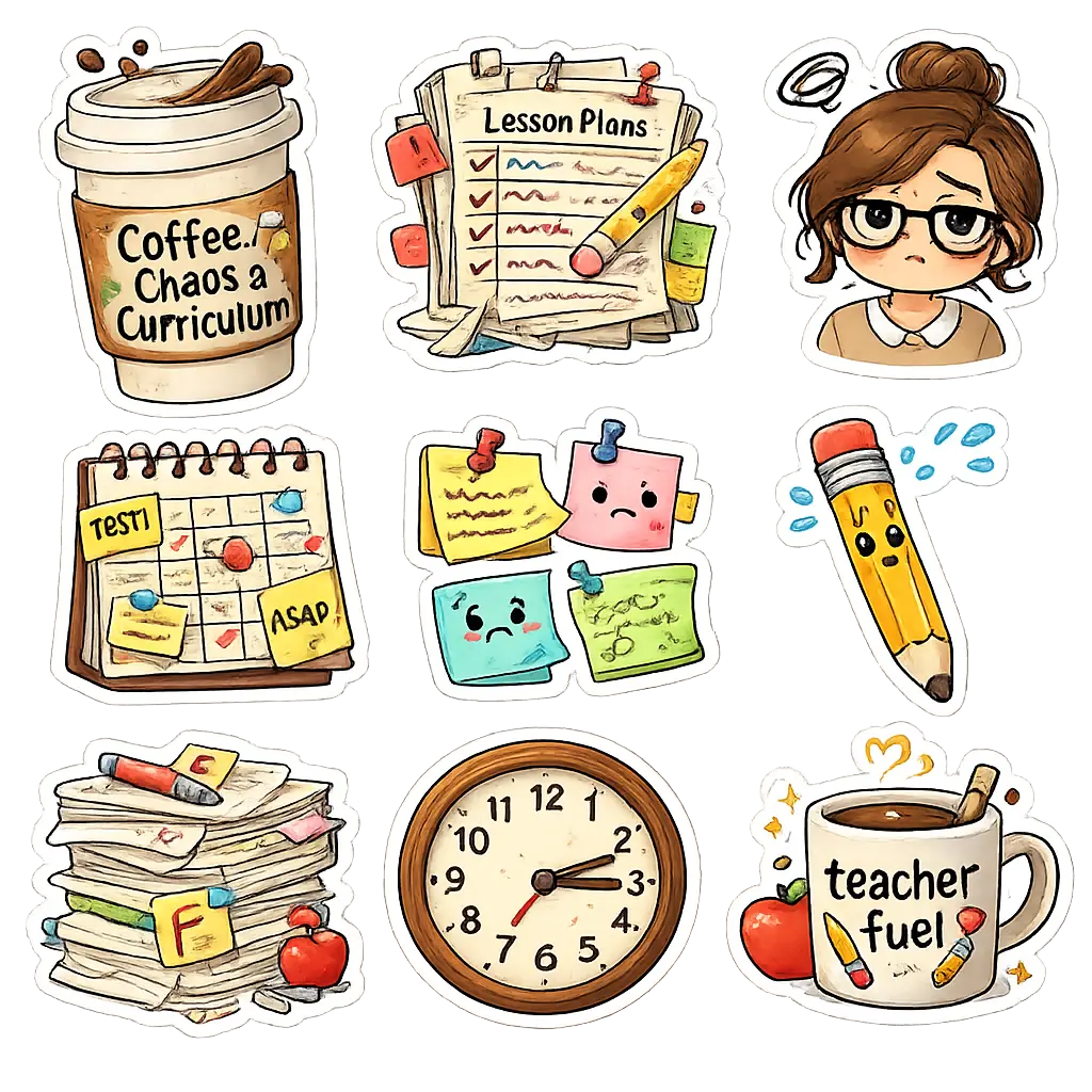 Coffee Chaos Curriculum Teacher Sticker Sheet, Funny Teacher Stickers, Back to School Decals for Laptop, Tumbler, Planner