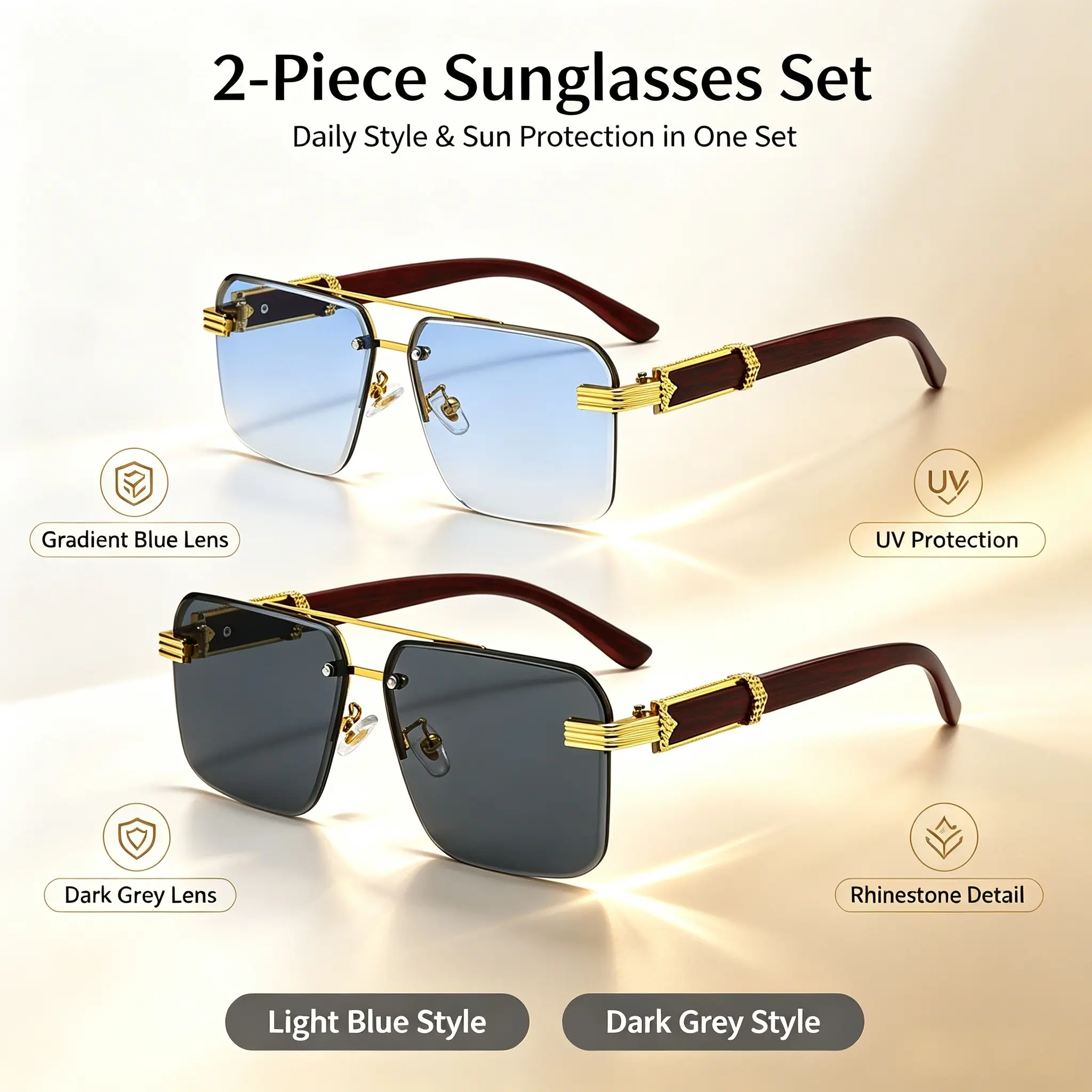 Unisex Frameless Double Bridge Fashion Sunglasses, Gold Rim with Wood Grain Temples, Polarized Anti Glare UV Protection Driving Sunglasses for Men Women