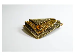 TWWJ_BR_J Gold-Tone Textured Statement Brooch with Amber Crystal Accent Layered Geometric Design for Blazers Coats Scarves Dresses