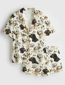 Women’s Hand-Drawn Labrador Retriever Floral Dog Lover Print Short Sleeve Silk Satin Pajama Set Soft Sleepwear