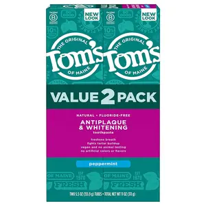 Tom's of Maine Fluoride-Free Antiplaque & Whitening Natural Toothpaste, Peppermint, 5.5 oz. (Pack of 2)
