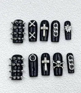 AngieNails - Halloween Biker Punk Press On Nails | 3D Rock Skull, Spider & Cross Art | Gothic Studded Halloween Nail Set - AN63