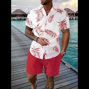 Men's Leaf Print Drawstring Waist Shorts Set, Casual Collared Button Short Sleeve Top & Sets for Men Clothing, Menswear