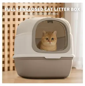Cat Litter Box with High Sides & Lid, Anti-Leakage Splash Guard - Large Open Top Kitten Litter Box for Easy Entry, Clumping Litter, Sifting - Ideal for Multiple Cats GREY
