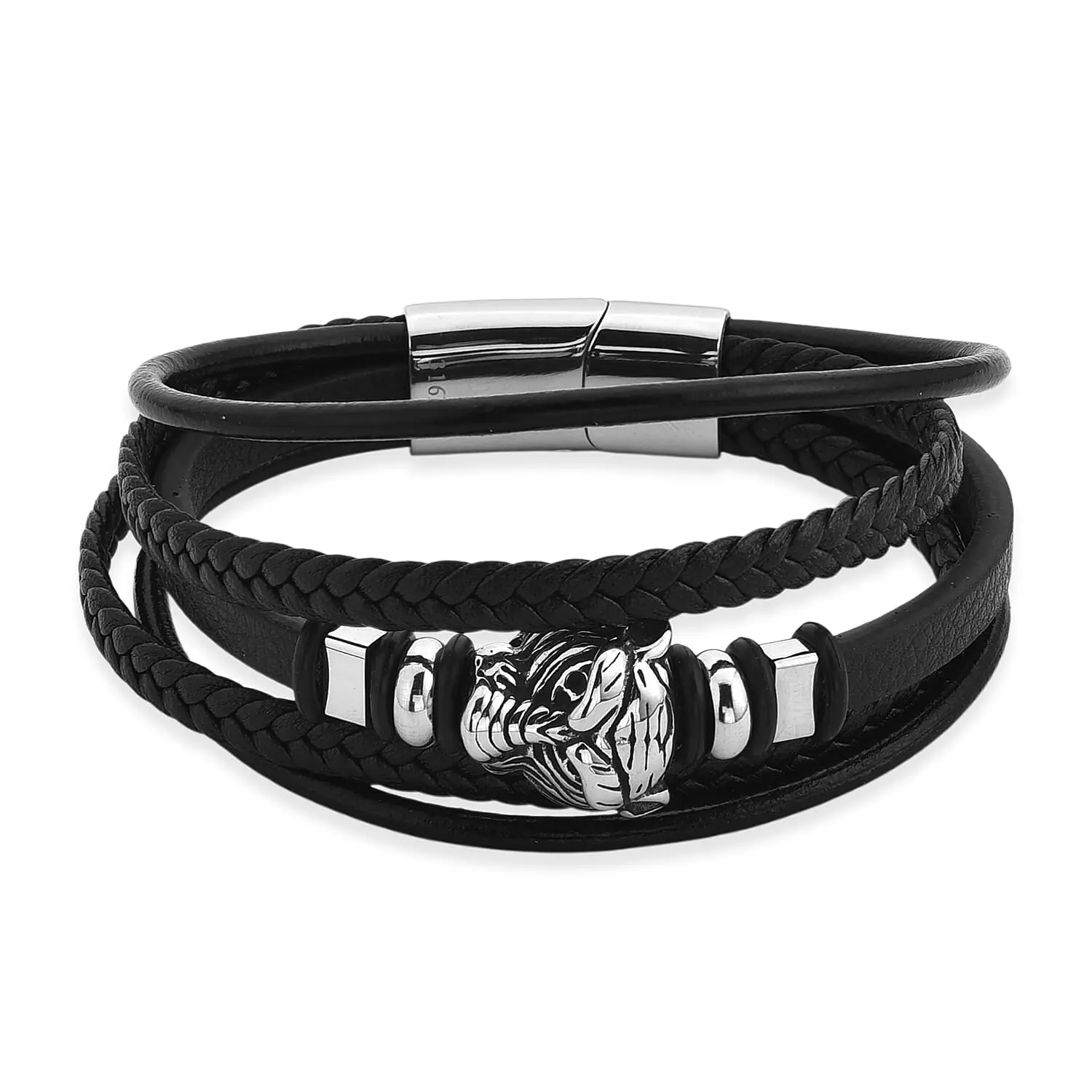 Braided Microfiber Leather Tiger Head Bracelet in Stainless Steel (8.00 In) Braided Microfiber Leather Tiger Head Bracelet in Stainless Steel (8.00 In)