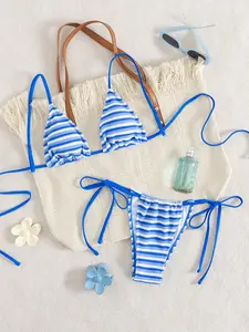 Women's Striped Bikini Set, Casual Swim Top & Swim Bottom, Ladies Summer Swimwear for Beach Holiday Vacation, Tie Back Bikinis, Bikinis Sets, Swimsuit Set