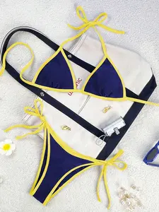 Women's 2-Piece High Waist Thong Bikini Set, Spaghetti Strap Halter Neck, 2026 Spring/Summer Mod Navy Blue-Yellow Contrast, Sexy Side Tie, Swimsuits for Women Vacation Beach Outfits