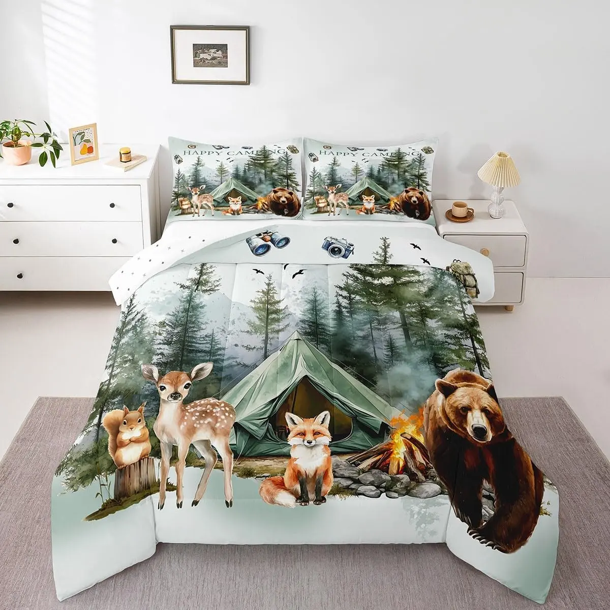 Happy Camping Bedding Set,Forest Bear Deer Fox Squirrel Comforter Set,RV Camper Quilt Set for Travel Trailer Woodland Bedding Comforter Sets,1 Pillowcase