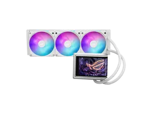 ASUS ROG RYUO IV 360 ARGB White with curved 6.67-inch AMOLED display that supports 3D-effect video or customizable system stats, plus Asetek Emma Gen8 V2 pump and pre-mounted daisy-chained ARGB fans