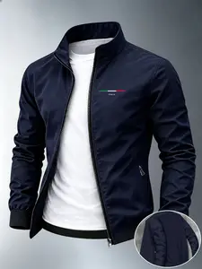 Men's Spring Fall City Theme Italian Letter Print Jacket, Lightweight Casual Zipper Outerwear, Business Style Outdoor Sports Coat, Perfect Gift