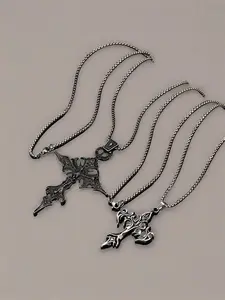 European and American titanium steel flame cross pendant necklace, personalized punk sweater chain, vintage trendy cool accessory