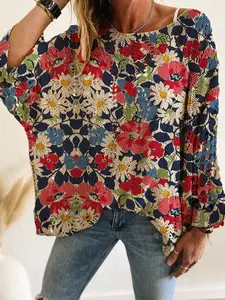 Women's Knitted Long Sleeve Top, Casual Elegant Commuter Wear, Colorblock Floral Print, Batwing Shoulder Design, All Seasons, Knitwear