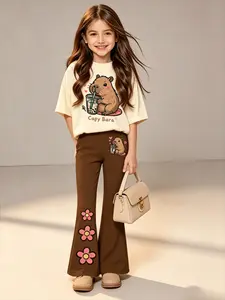 Kids Capybara Print T-Shirt & Flared Pants Set, Casual Short Sleeve Top & Flower Bell Bottoms Outfit for Girls