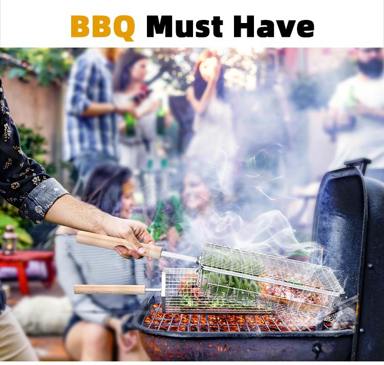 ivtivfu Grill Basket Set 2PCS with Removable Beech Wood Handle 304 Stainless Steel Heavy Duty Rectangular & Hexagon BBQ Tools for Vegetable Shrimp Outdoor Camping Kitchen Barbecue Cooking Gifts for Men Dad Husband - Utensils Cover