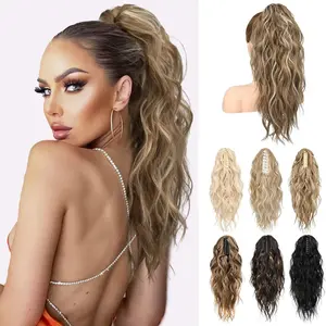 Ponytail Extension, 18" Wavy Claw Clip Ponytail Extensions Shoulder Length Curly Wavy Claw Clip in Ponytail Hair Extensions Ponytails Hairpieces - Deep Dark Blonde with Blonde Highlights