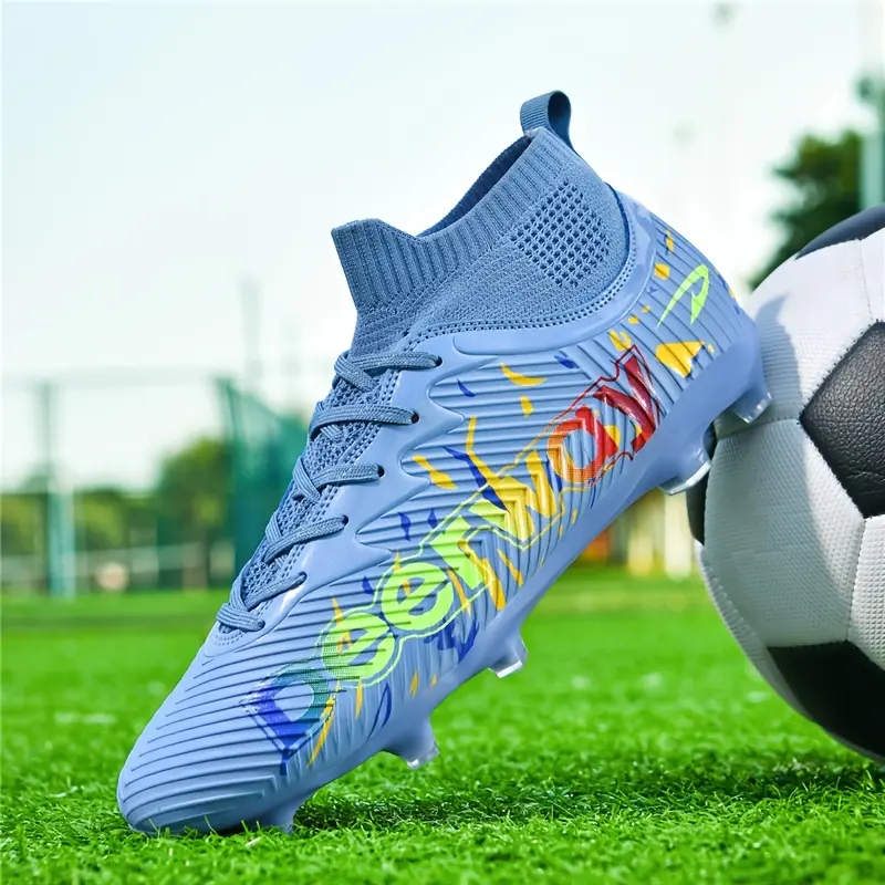 Teen Boys' Mid-Cut Soccer Cleats, Gradient Polyurethane Slip-On Shoes with Laces, Breathable and Light with TPU Stud Sole for Indoor & Outdoor Training