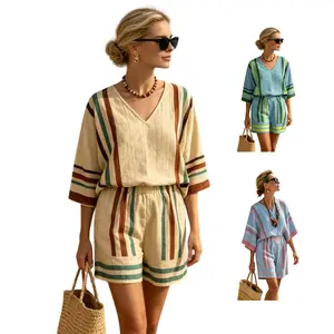 SCUSTY Women's Striped Linen Two Piece Outfit V Neck 3/4 Sleeve Top Elastic Waist Shorts Boho Casual Beach Vacation Set