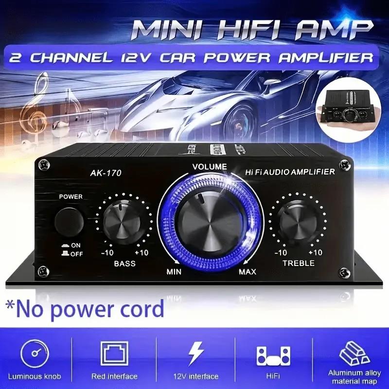 AK-170 Mini Car Audio Amplifier 12V 20W High-Power for Cars Motorcycles Computers MP3 Players Home Road Vehicles Black with Blue Indicator Lights Battery-Free Modern Durable Audio Equipment
