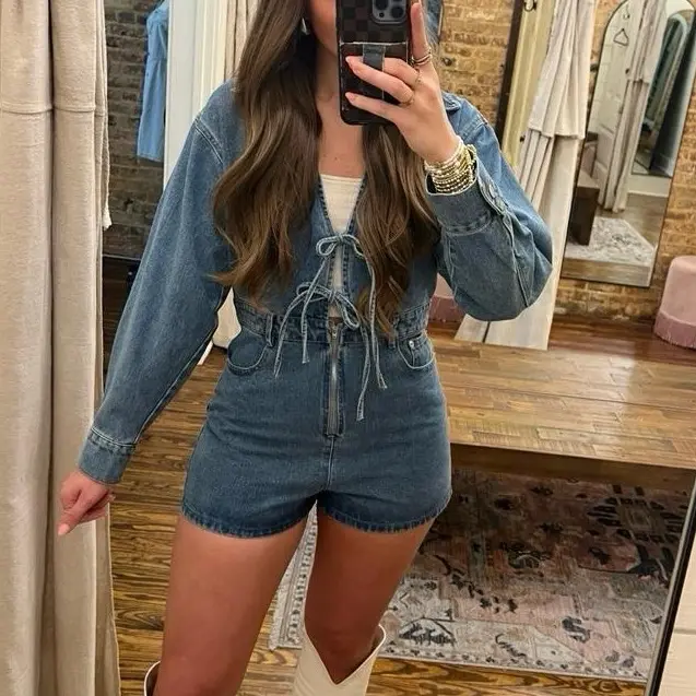 Long Sleeve Denim Romper - Bow Detail - Dark Denim Western Romper