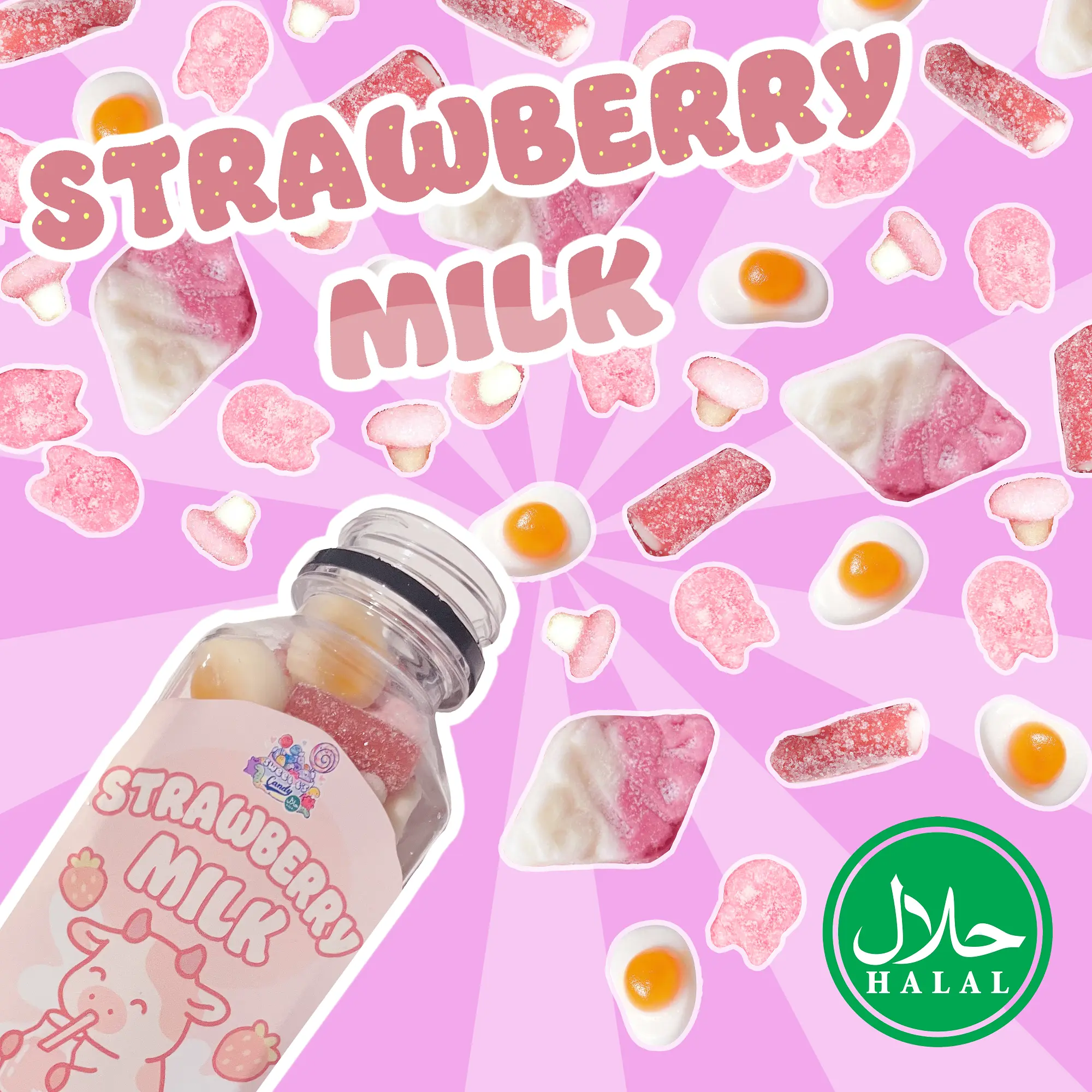 Halal Strawberry Milk Gummy Candy 7 OZ Bottle – Sweet & Chewy Vanilla Strawberry Bubs, Egg Gummies, Strawberry Puffs, Strawberry Pencils, Strawberry Mushrooms, Mini Raspberry Bubs