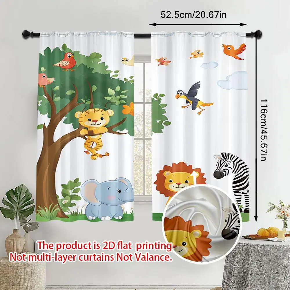 2D flat printing 2pcs Jungle Animal, Giraffe Elephant Lion Safari Curtains, Rod Pocket Mount Curtains, Polyester Material, Suitable for Living Room, Kitchen, Bedroom, Study, Home Decor not multi-layer curtains 28*40IN/71*101CM