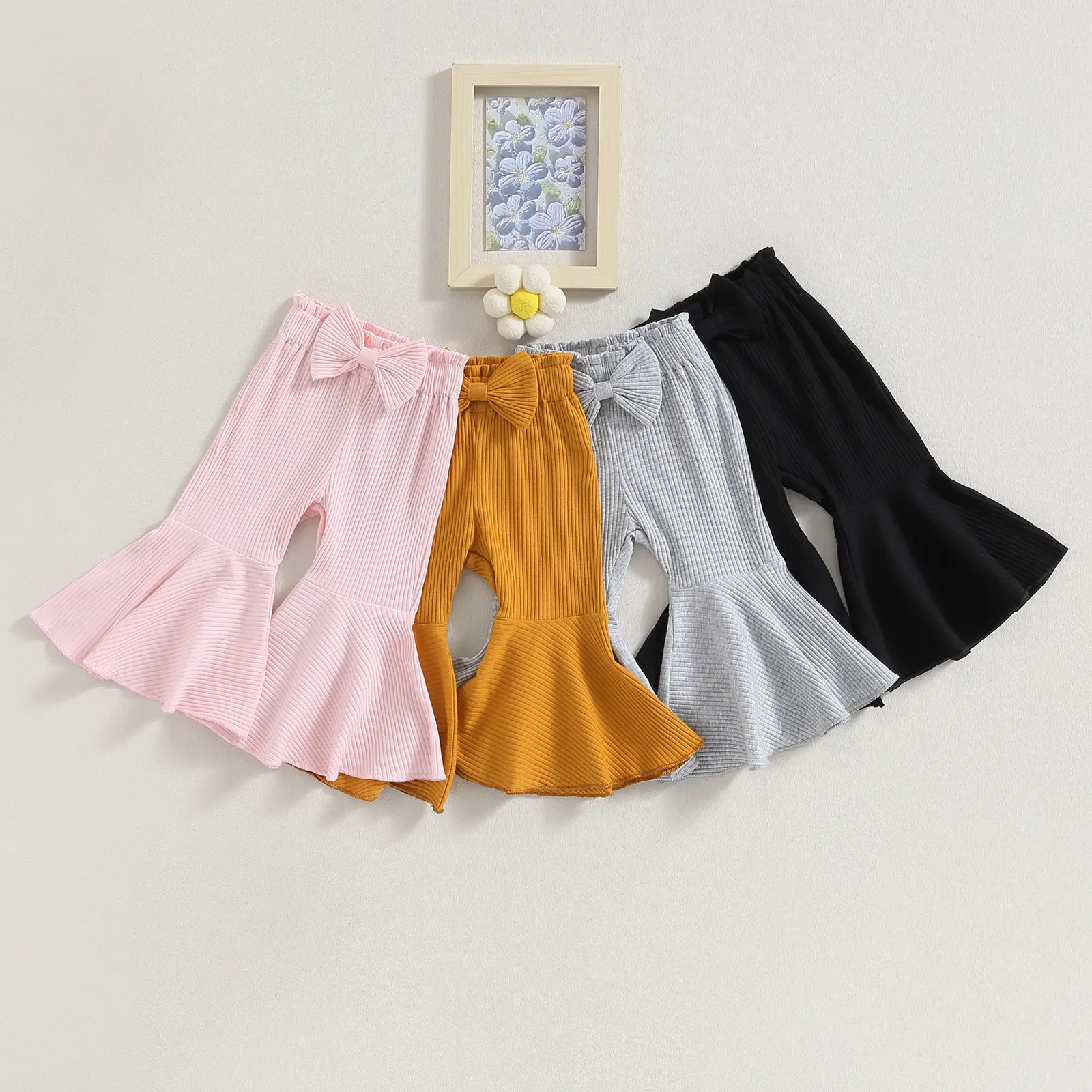 3-Pack Toddler Newborn Baby Girl Flare Pants - Ribbed Bell Bottoms, Ruffle Elastic Waist, Stretchy Cotton, Toddler-Friendly Bowknot Bottoms