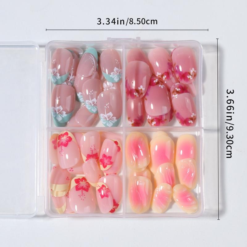 96pcs Short Oval False Nails, Acrylic Fake Nails, Multicolor Floral French Style, Y2K Acrylic Press-On Nails, Reusable for Women and Girls