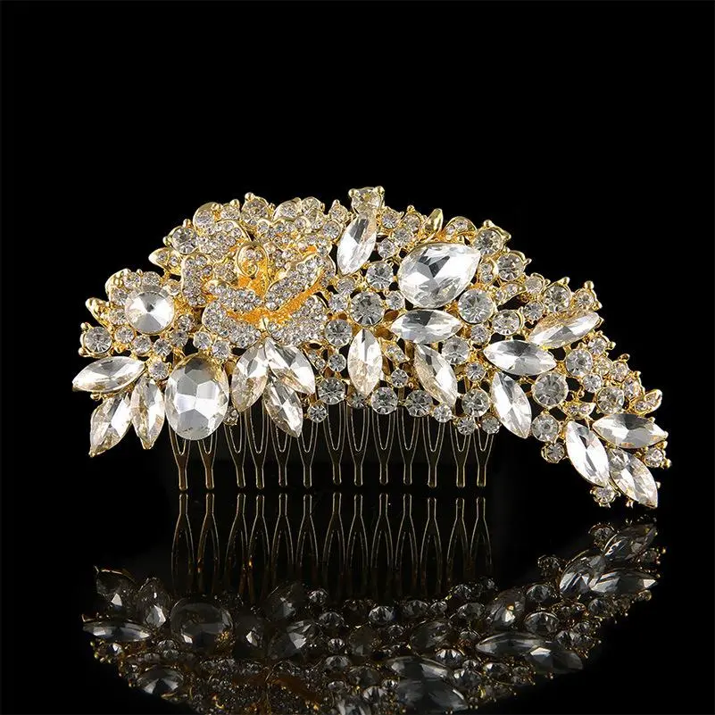 Leaf Shape Gold color Bridal Hair Combs 2023 Luxurious Crystal Rhinestone Wedding Hair Jewelry Accessories Peine De Pelo