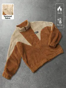 Oversized Retro V-Shape Fleece Jacket - Brown Cream Color Block Sherpa Zip-up with Stand Collar | Unisex Y2K Aesthetic Thick Warm Streetwear Fall Outerwear | Viral Cozycore Layering Essential Travel Outfit | #fleecejacket #cozycore